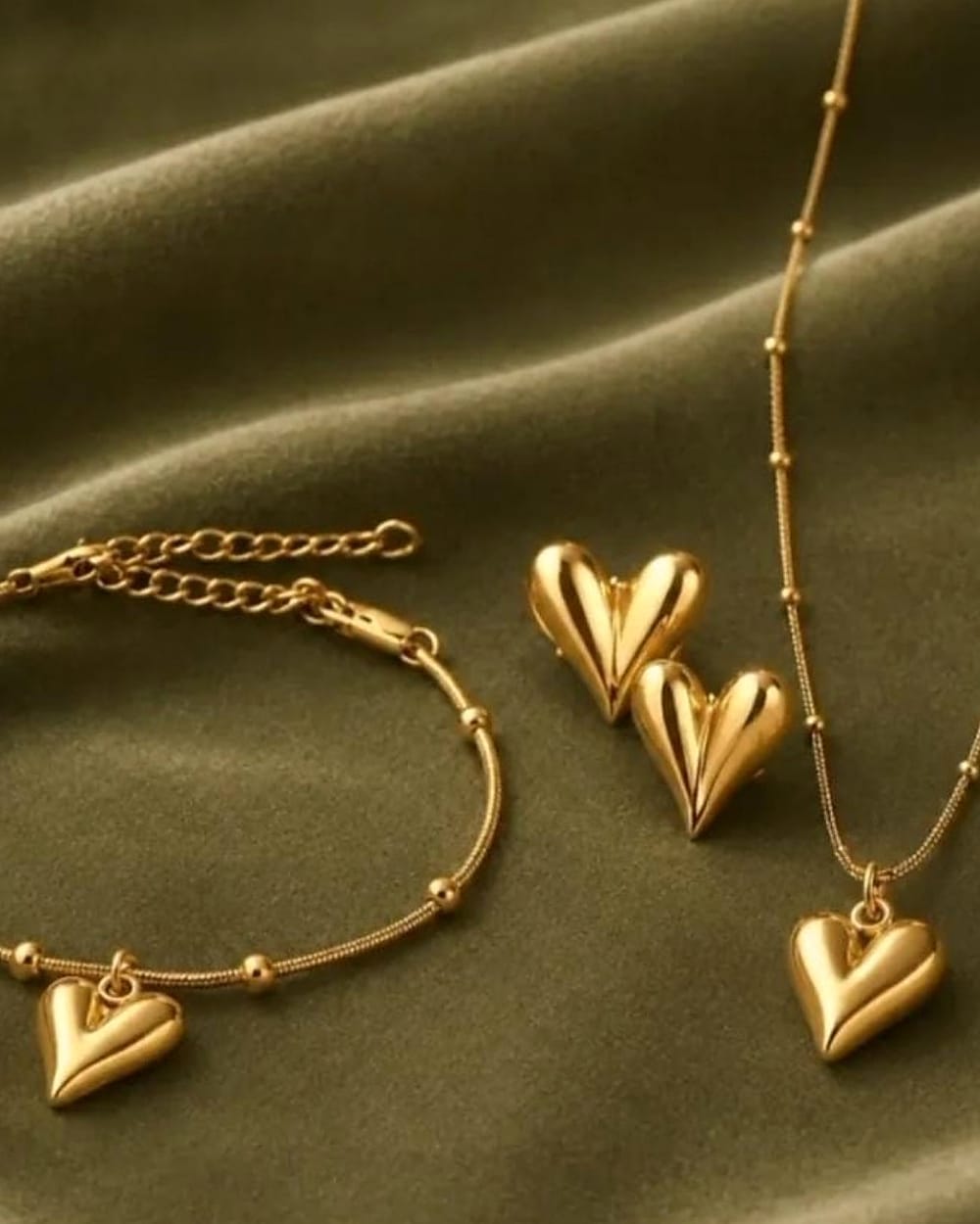 Golden Puffy Heart 3-Piece Jewellery Set
