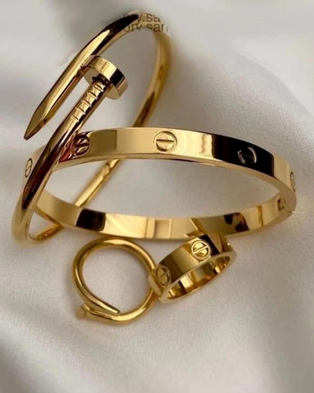Golden Nail Bangle & Ring Stack Set - 3 Piece