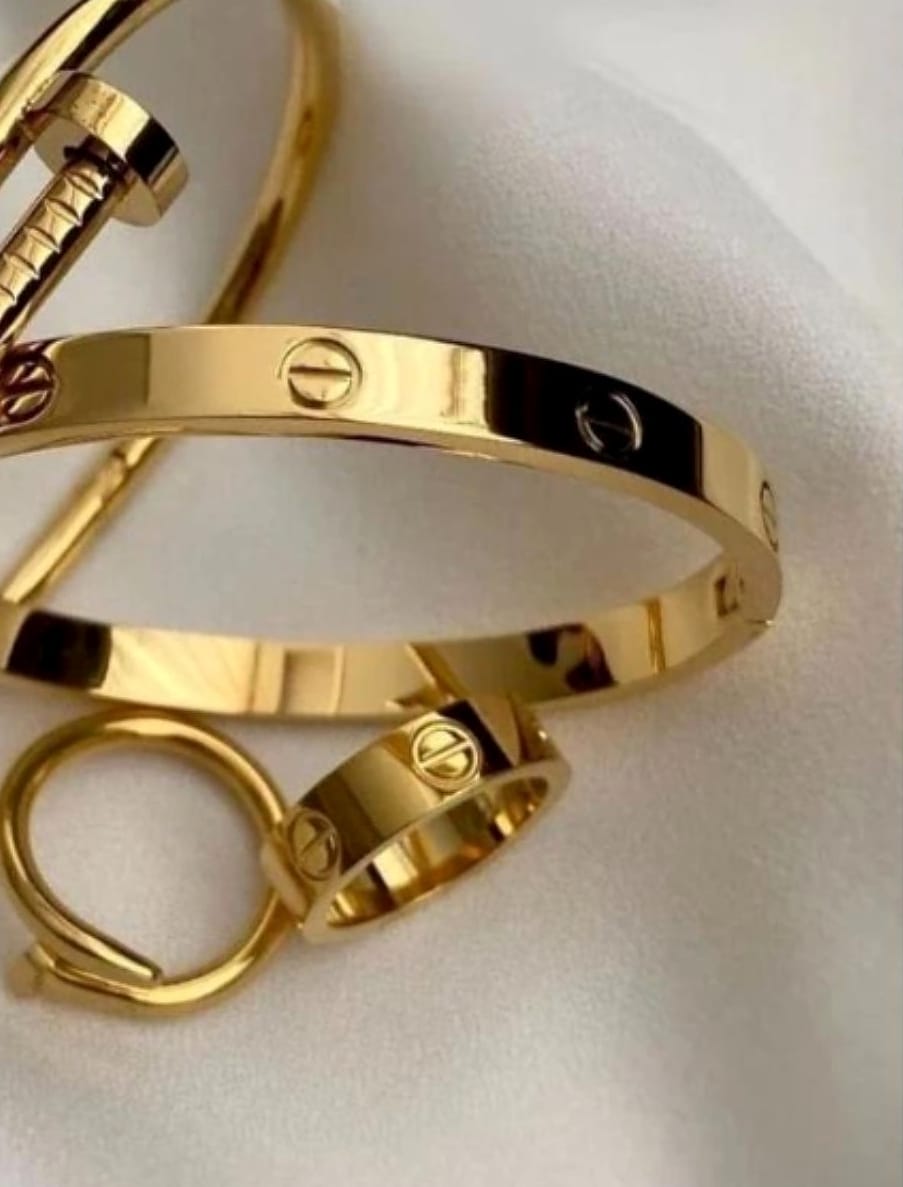 Golden Nail Bangle & Ring Stack Set - 3 Piece