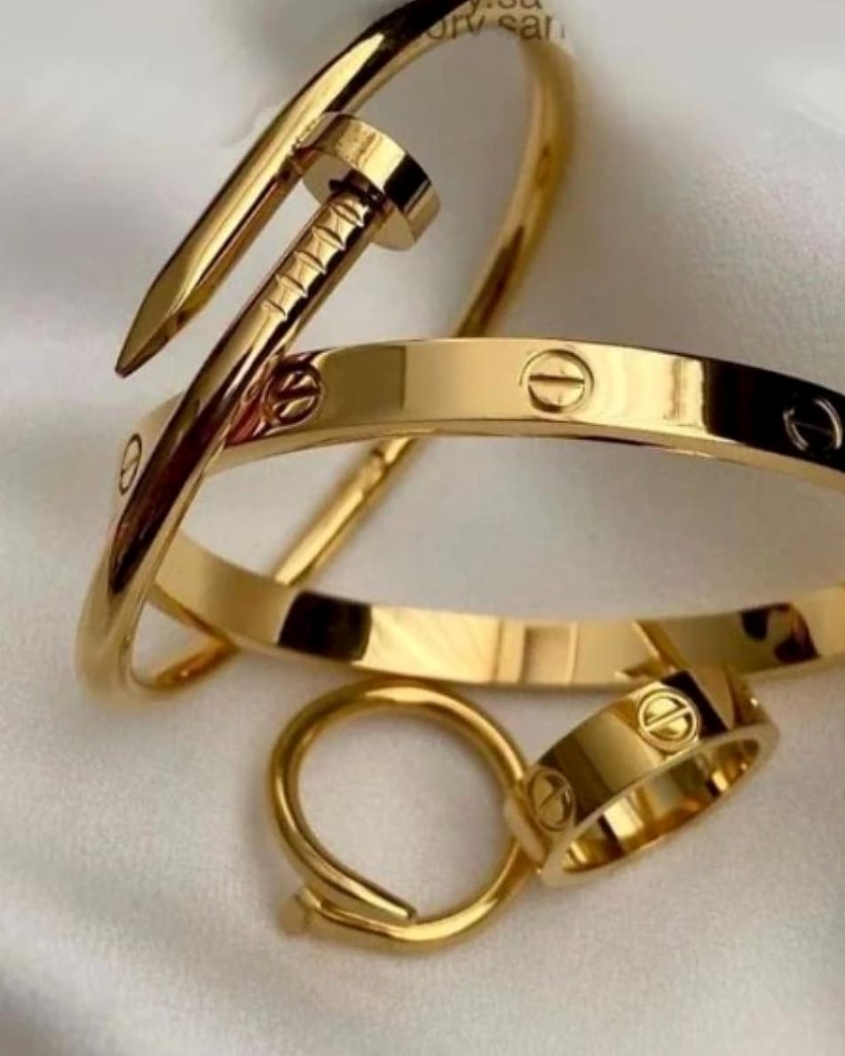 Golden Nail Bangle & Ring Stack Set - 3 Piece