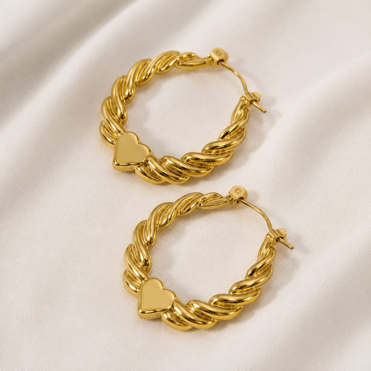 Twisted Gold Hoop Earrings with Heart Charm