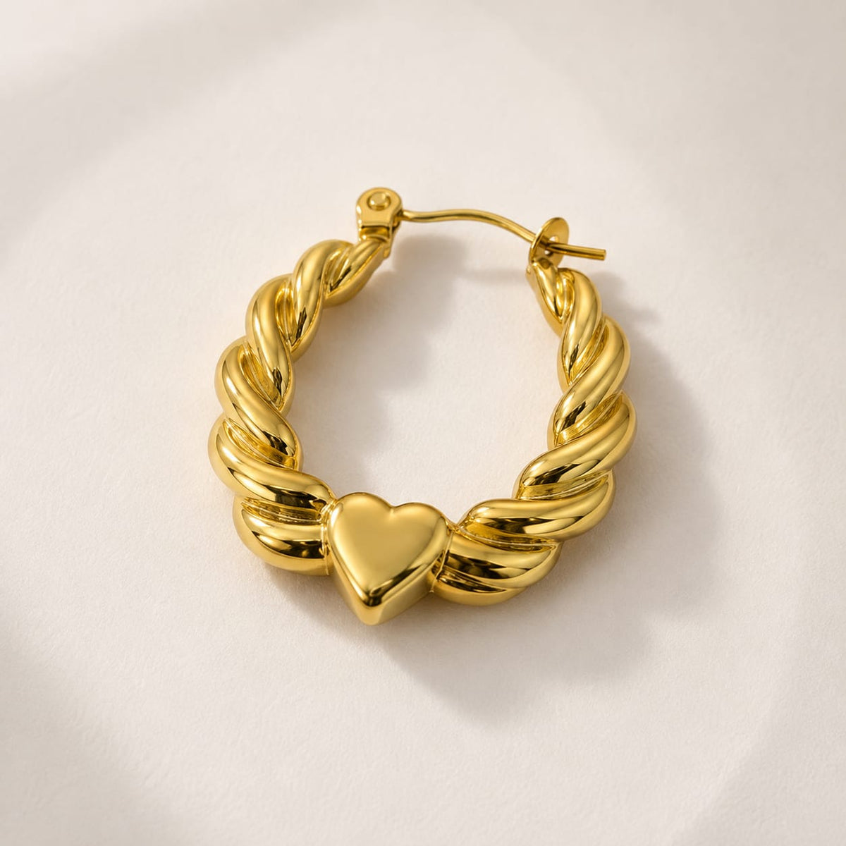 Twisted Gold Hoop Earrings with Heart Charm