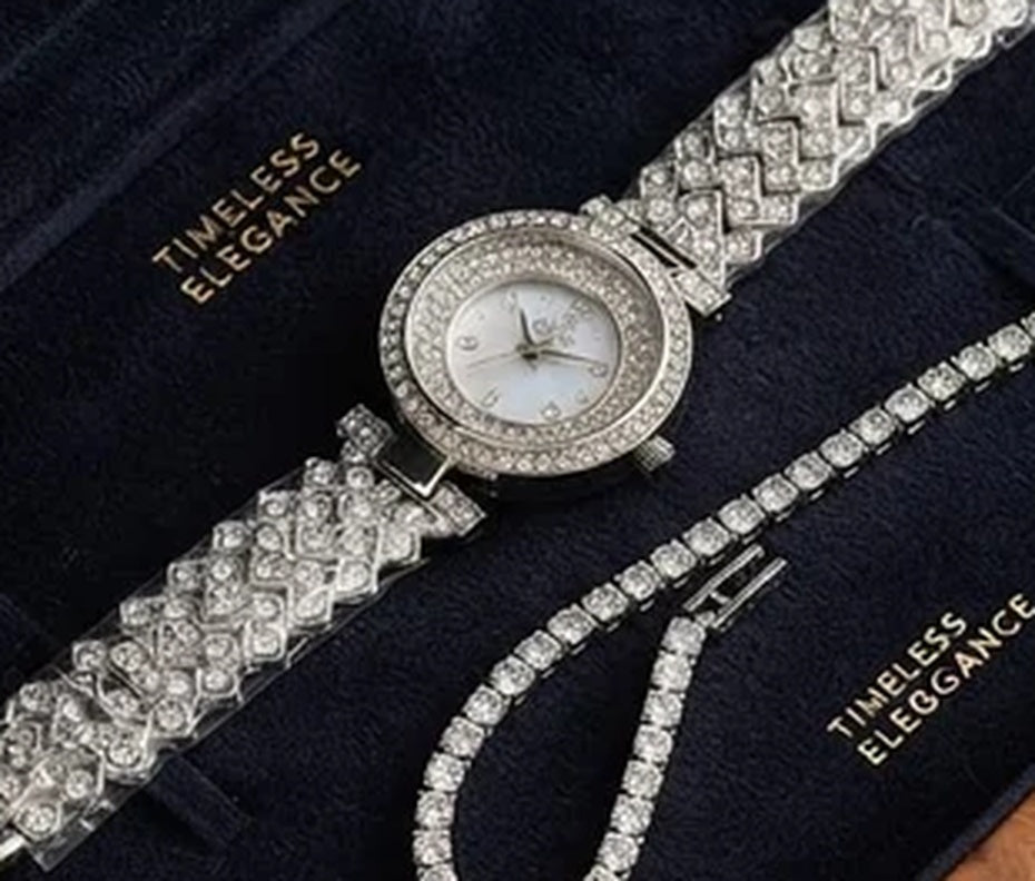 Silver Crystal Watch Gift Set With Wooden Box